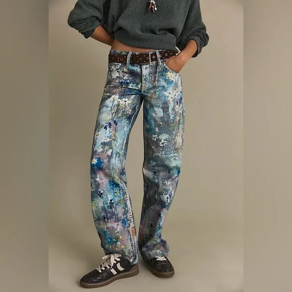 678. FREE PEOPLE  Tennessee Low-Rise Illusions Jeans in Floral Canvas NWT $198 - Picture 11 of 12
